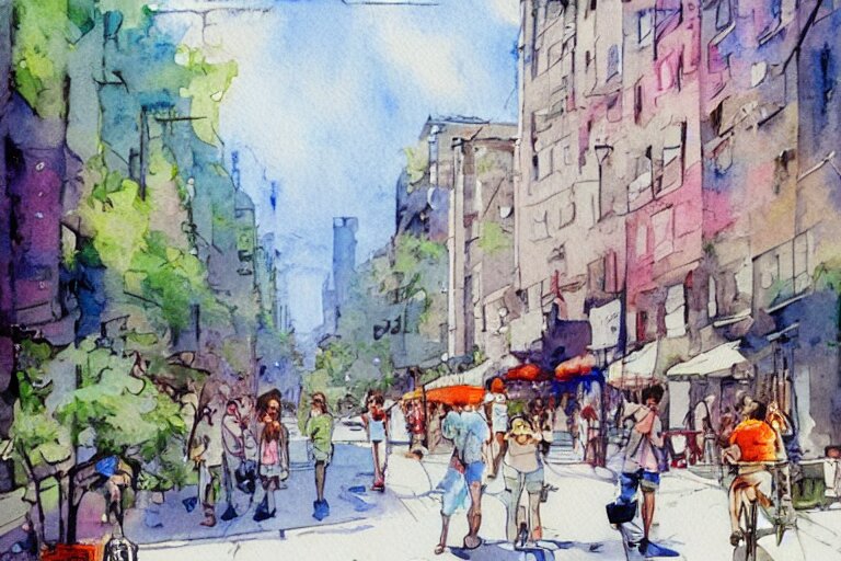 street summer watercolor pen by brad mesina trending on artstation 