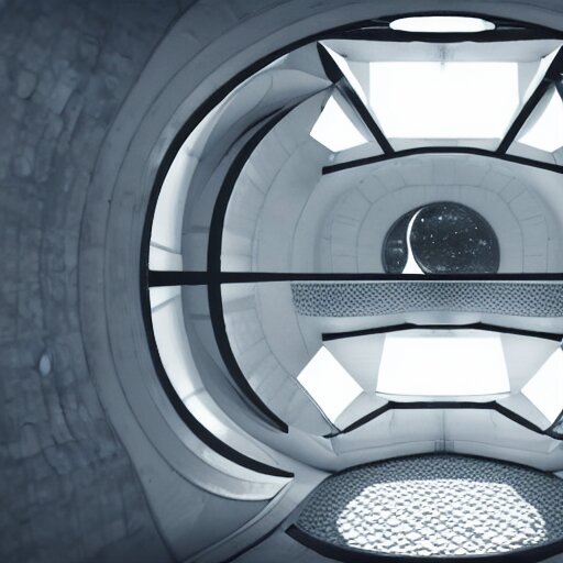 small single bedroom inside space ship with round window looking into space, gray metallic walls, style of engine factory room, 1960s, science fiction, ultra realistic, 4k.