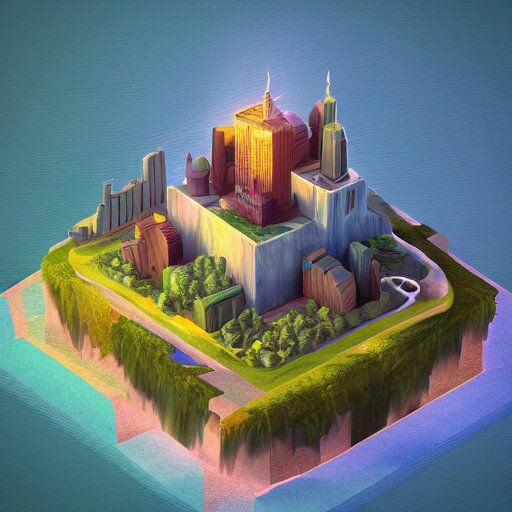 manhattan on a floating island in the sky, waterfalls falling down, low poly art, isometric art, 3d render, ray tracing, high detail, artstation, concept art, behance, smooth, sharp focus, ethereal lighting