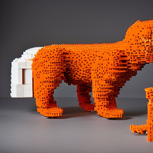 1 0, 0 0 0 piece lego sculpture by a master builder of a smiling orange cat with a big head and white face walking upright, scratch. mit. edu, product photography, studio lighting 