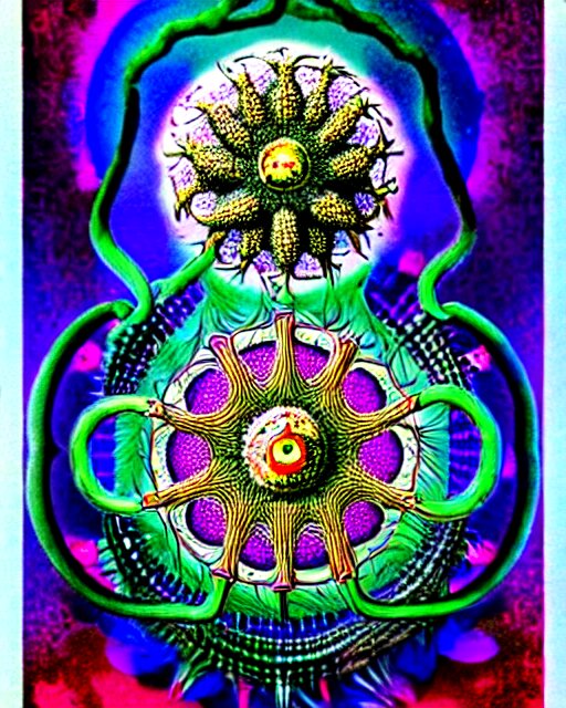 poster of corona virus, intrinsic, drawn by Ernst Haeckel, vaporwave coloring, cyber, beeple rendering, written by HP Lovecraft