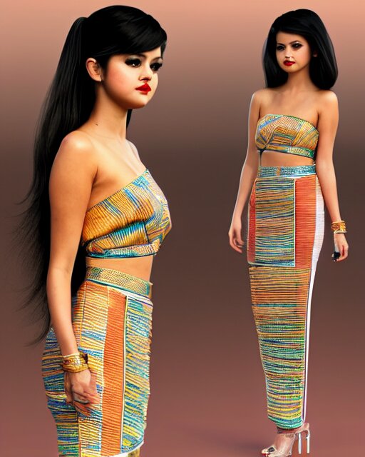 a beautiful selena gomez wearing modern stylish costume in the style of Assamese bihu mekhela sador gamosa design, commercial fashion design art by Chie Yoshii, face by artgerm and daz3d genesis iray, cinematic lighting, medium shot, mid-shot, slim female figure ramp walk model pose, highly detailed, trending on Artstation, Unreal Engine 4k, cinema 4d multi-pass ray traced, 8k fabric texture details, octane render, diffused natural skin glow