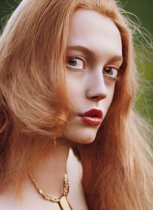 vintage photograph of an olive skinned female model with strawberryblonde hair in her twenties, her hair pinned up, wearing a designer top and one thin gold necklace, looking content, focused on her neck, photo realistic, extreme detail skin, natural beauty, no filter, slr, golden hour, 4 k, high definition, selfie 