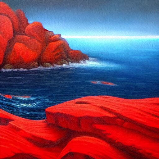 A gorgeous detailed oil painting of a red sea covered in big blue rocks, the further away the mistier it gets, dark aesthetic, atmospheric, moody, highly detailed, masterpiece, award winning, 4k