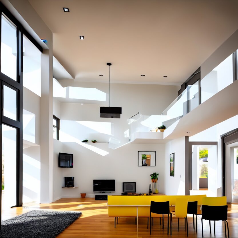 Interior photograph of a bright modern house, 8k, ultra HD