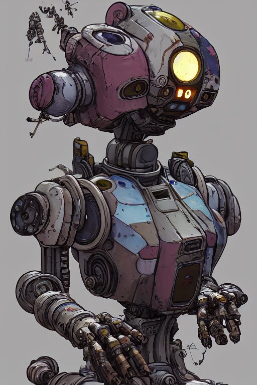 a study of cell shaded portrait of a mech robot as Borderlands 3 concept art, llustration, post grunge, concept art by josan gonzales and wlop, by james jean, Victo ngai, David Rubín, Mike Mignola, Laurie Greasley, highly detailed, sharp focus, alien, Trending on Artstation, HQ, deviantart, art by artgem