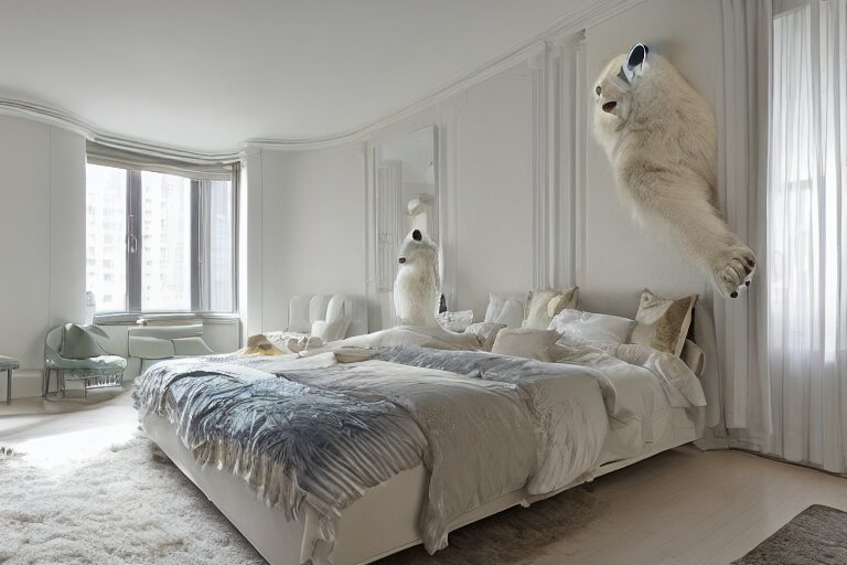 A sunny bedroom, exquisite decoration, all New York Apartments style furniture, polar bear, high tech