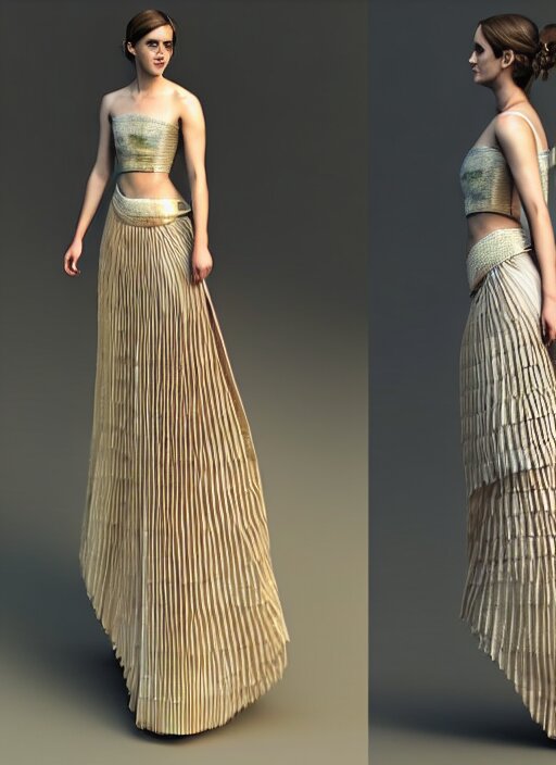 emma watson wearing finely pleated silk bihu mekhela strapless costume expertly draped goddess style dress by wlop, assamese gamosa pattern, face by daz 3 d genesis and artgerm concept art 3 d octane render cinema 4 d v ray, unreal engine, hyper realistic hdr fabric textures, ray traced, bright lit cinematic studio fashion photography, real life like, daz iray shaders 