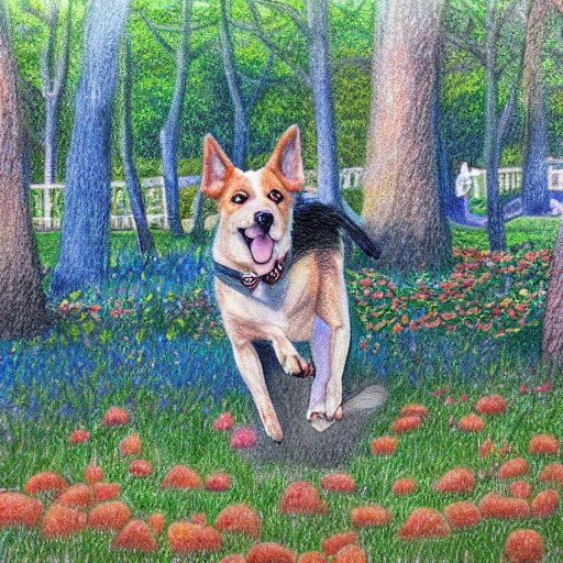  Colored pencil art on paper, Dog playing in park, highly detailed, artstation, MasterPiece, Award-Winning, Caran d'Ache Luminance