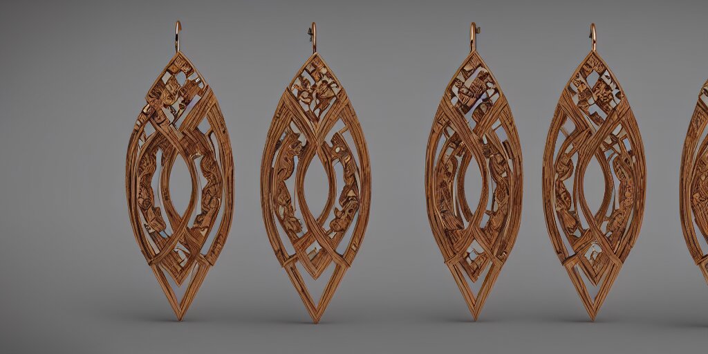 earring design, jewelry design, wood, nordic, art deco, intricate, elegant, material, product design, trending on artstation, cgsociety, photo realistic, design by ziva cph and isabel lennse and kalevala, 8 k, unreal engine, c 4 d 