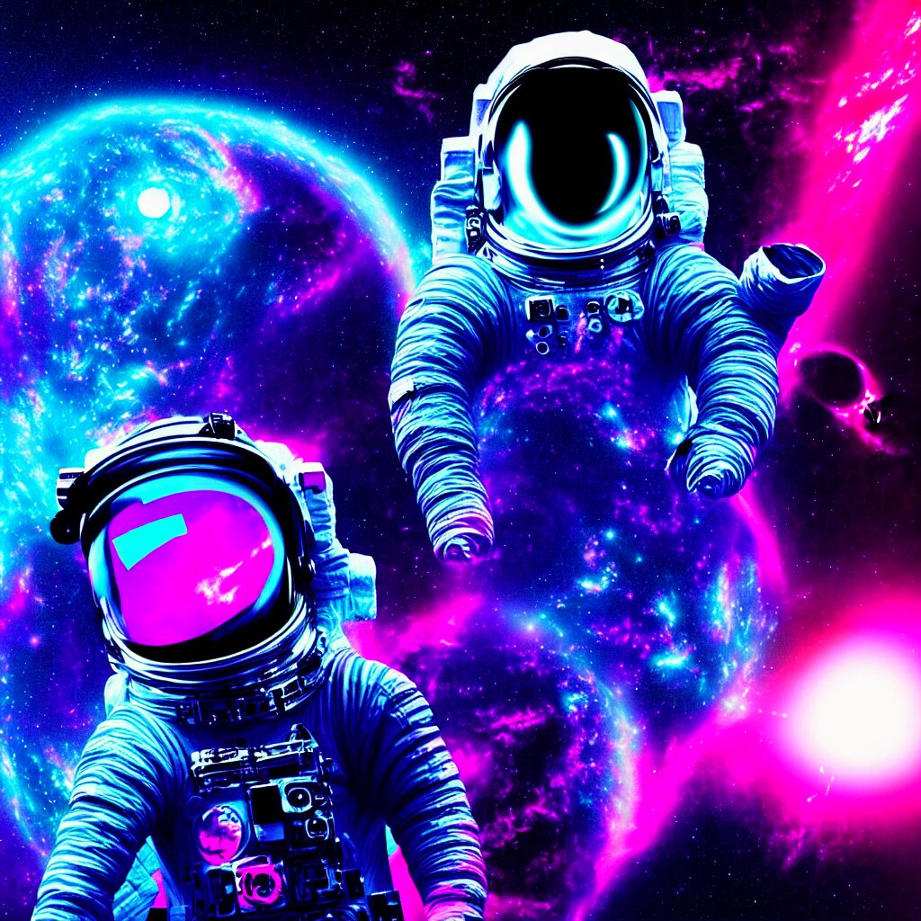 astronaut sucked into blackhole synthwave, glitchy, reflective, holographic, neon 