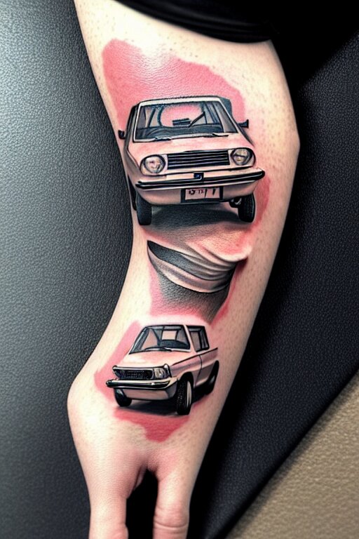 tattoo of lada car in mans hand, realistic, modern, intricate, elegant, highly detailed, digital painting, artstation, concept art, addiction, chains, smooth, sharp focus, illustration, art by ilja repin 