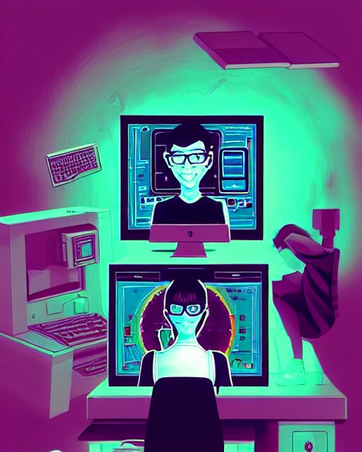 richly detailed color illustration of a nerd-using-a-computer-to-crack-the-code surrounded by technology illustrated by Artgerm and Mina Petrovic and Timothy Kong and Marina Federovna. 3D shadowing