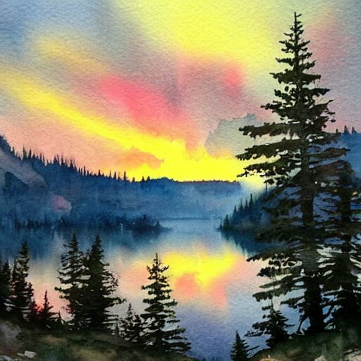 alpine lake. bautiful sunrise. watercolor. trending on artstation 