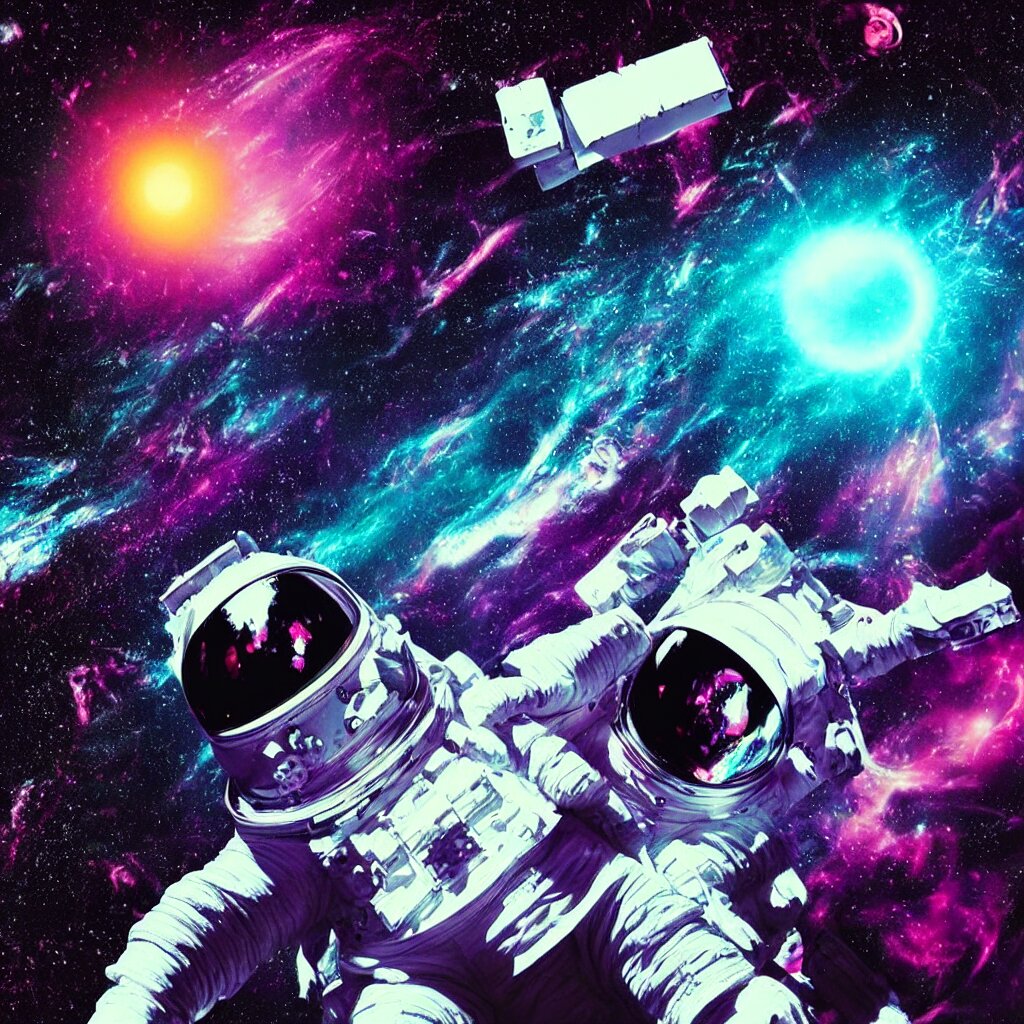 astronaut sucked into blackhole synthwave, glitchy, reflective, holographic, neon 