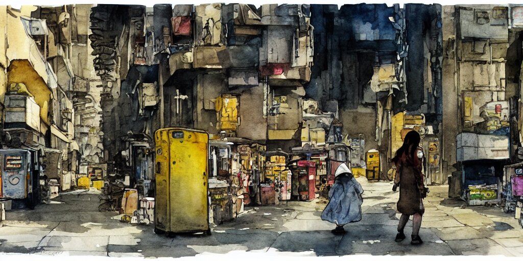 deserted dusty junk town, a girl with a parka and a yellow parasol is running, broken vending machines, scene from the movie Ghost in the shell, watercolor watercolor