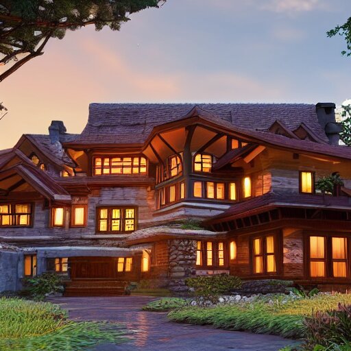 Peaceful wooden mansion, unreal engine 5 tech demo, zillow interior, golden hour, living room, cozy, Frank Lloyd Wright ((Studio Ghibli))