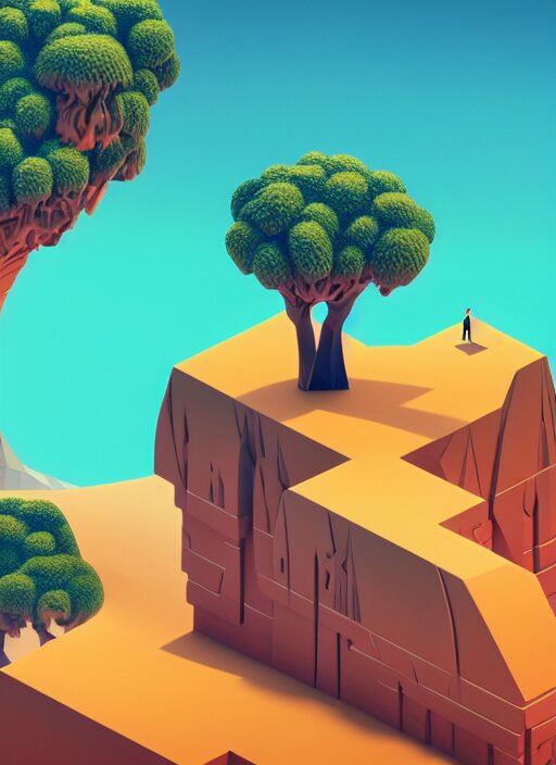 a low poly isometric render of socotra island with dragon trees in the style of monument valley, intricate, elegant, smooth shading, soft lighting, illustration, simple, solid shapes, by magali villeneuve, jeremy lipkin and michael garmash, rob rey and kentaro miura style, octane render, midsommar 