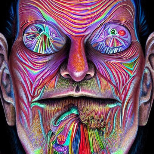 hyperrealism realistic lsd detailed 3 d scary pyschedelic trippy nightmare face in the style of alex grey and pablo amaringo and david normal 