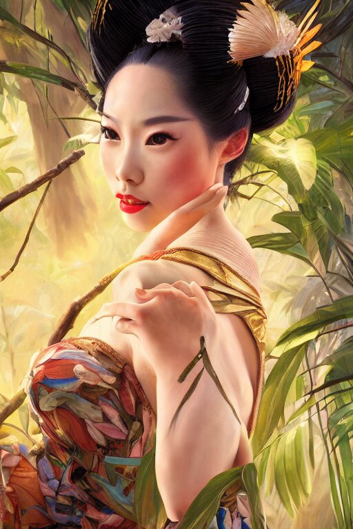 stunningly beautiful, peruvian geisha prima ballerina in jungle, symmetrical face, golden hour, smooth, focus, highly detailed, hyper realistic, dramatic lighting, elegant, intricate, concept art, art by wlop, mars ravelo, greg rutowski, artstation 