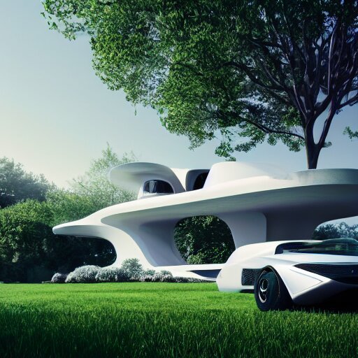 a house in the future house, retrofuturim, lawn, trees, white picket fence, futuristic flying car parked on the landing pad, realistc octane render, depth of field, soft lighting, 8k