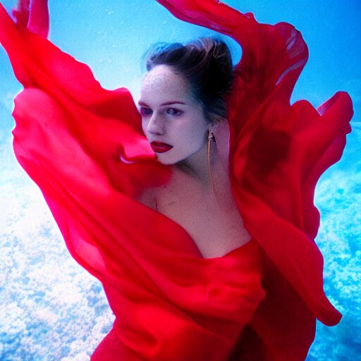 beautiful portrait of fashion model in red silk underwater, 35mm film