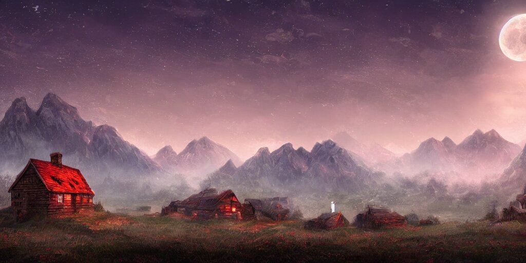 Blood soaked fields with large mountains in the distance, small cottage in the foreground, nighttime, moon in the night sky, landscape wallpaper, d&d art, fantasy, painted, 4k, high detail, sharp focus