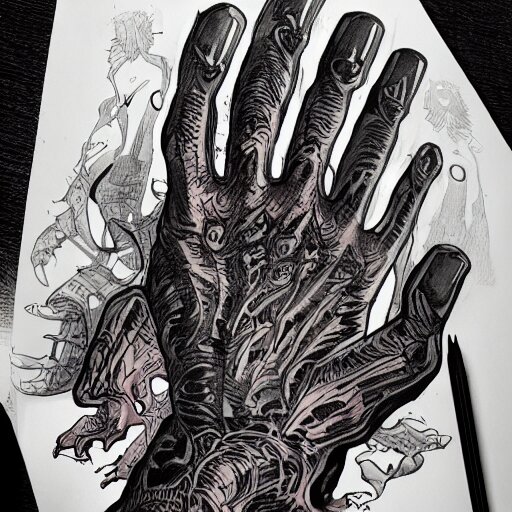 precisely drawn illustration of tattoo of seven fingered hand on upper arm, wide angle, sharp, fine details, french comic style, vibrant realistic colors, full color, heroic fantasy, intense line art, 8 k, precise linework, realistic, in the style of heavy metal comics and richard corben and moebius 