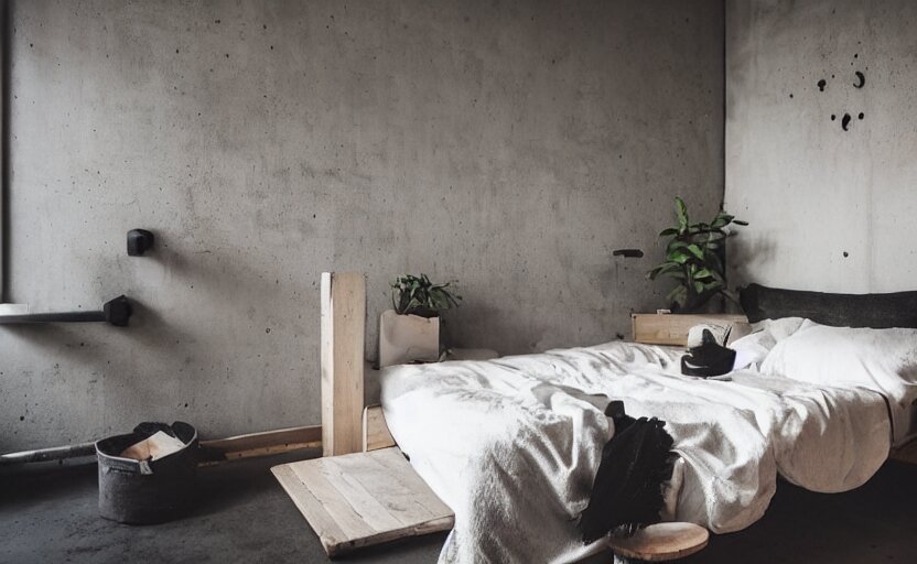 berlin style compact bedroom interior, concrete, punk design, bed, neon lights, modernism, white, beige, black, minimalism, blackboard, industrial, pipes, little windows, plants 