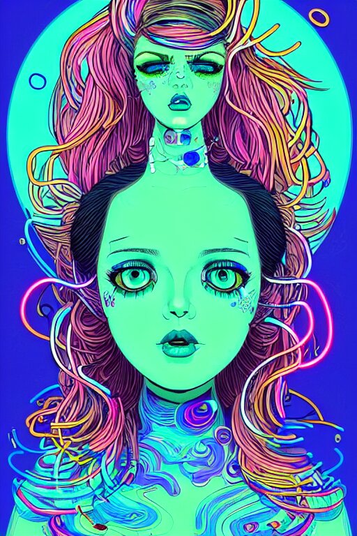 a award winning portrait of a beautiful woman with stunning eyes in a one off shoulder croptop and cargo pants with rainbow colored hair, outlined by whirling illuminated neon lines and fine lines swirling in circles by joe fenton, digital art, trending on artstation 