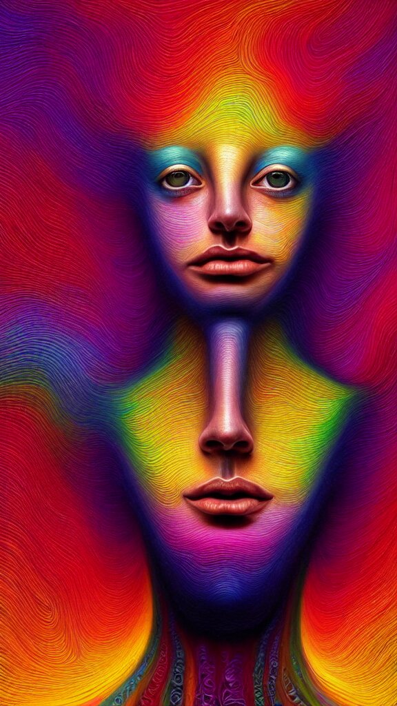 hyperrealistic abstract close-up female! portrait Renaissance psychedelic!! celestial happy! pure creature!! perfect!! face! peaceful! kind spirit of nature! beautiful fractal!! eyes! highly detailed concept art eric zener elson peter cinematic hard rainbow lighting high angle hd 8k sharp shallow depth of field endless, inspired by Zdzisław Beksiński Salvador Dali