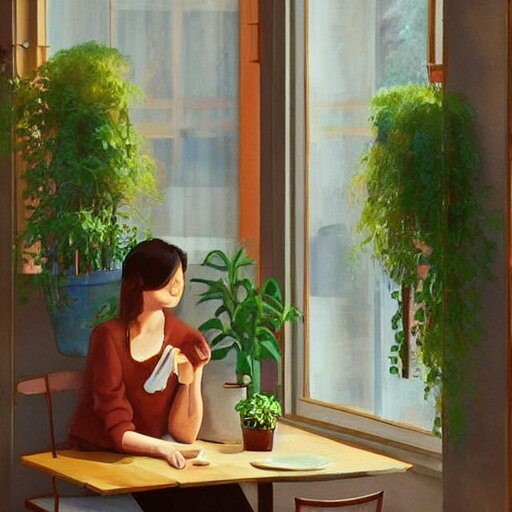 a cozy cute cafe with a window and plants, a young pretty filipino woman sits with an espresso, golden morning light, dramatic light, happy cozy feelings, oil painting trending on artstation 