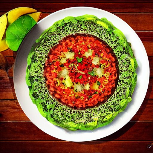 A vegan dish served on a shiny plate on it, award winning photograph, artstation, incredible quality, hyperrealistic, sharp, high resolution