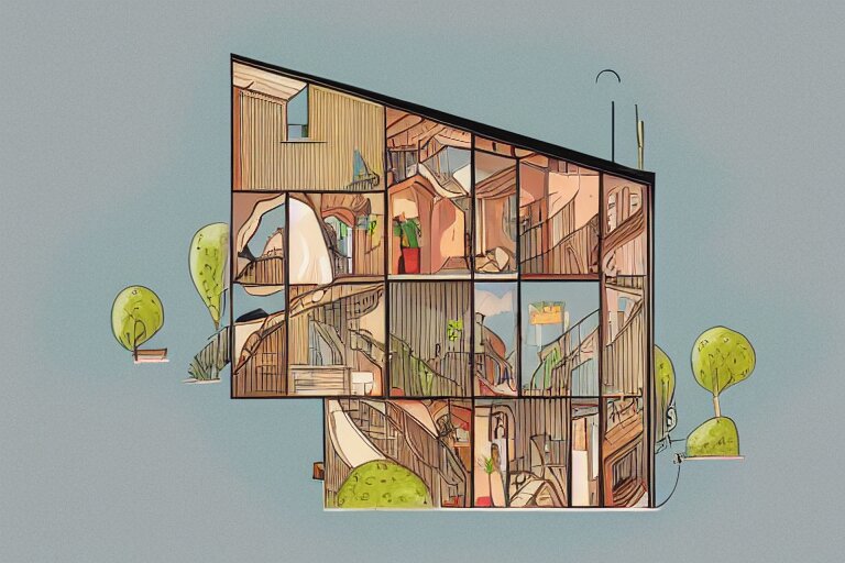 a beautiful flat 2 dimensional illustration of a cross section of a house, view from the side, a storybook illustration by muti, colorful, minimalism, featured on dribble, unique architecture, behance hd, dynamic composition 