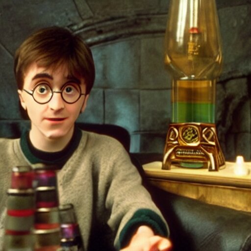 harry potter smoking a bong while sitting on a couch with a lava lamp next to him 