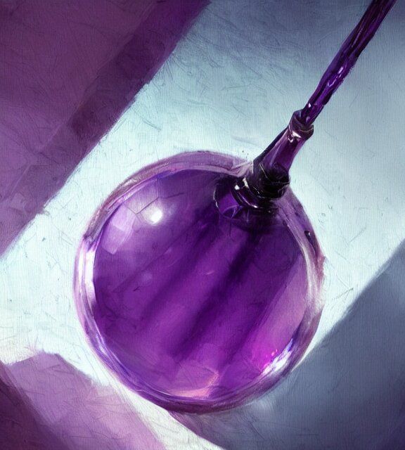 a closeup of a purple potion in a round bottle on a messy desk. by makoto shinkai, stanley artgerm lau, wlop, rossdraws, james jean, andrei riabovitchev, marc simonetti, krenz cushart, sakimichan, d & d trending on artstation, digital art 