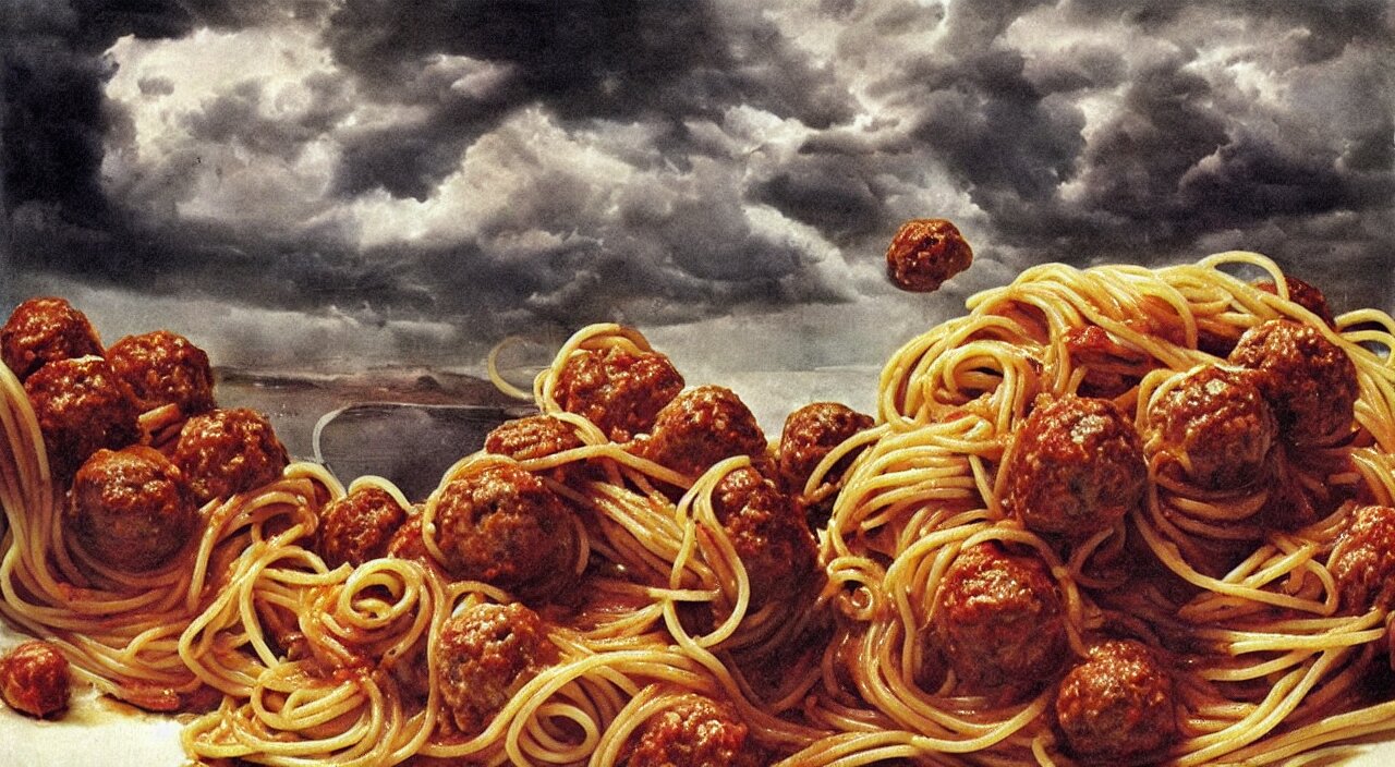 spaghetti bolognesa with meatballs and hundred rusted perfect woman bodies flying in stormy clouds by dali, hyper - realism 