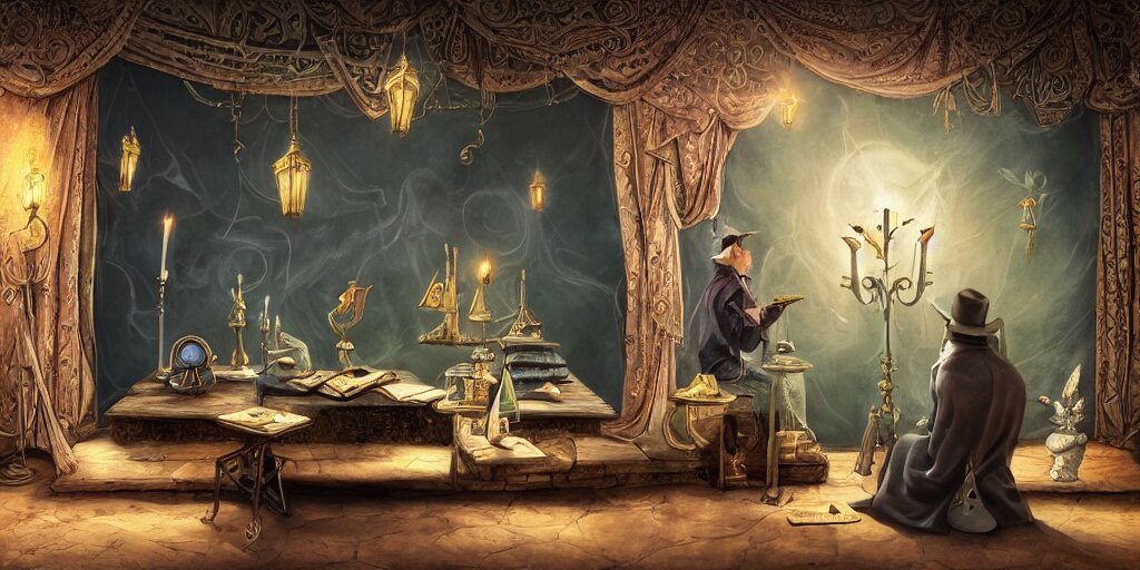 lonely aristocrat examining the mysteries of tarot cards on a magical blackboard, background is magical blackboard with chalk drawings of tarot cards,, fantasy art, matte painting, high quality, digital painting, artwork by tony sart 