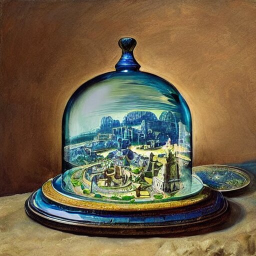 still life painting of a minature tabletop ancient city under a glass dome, by paulette tavormina and clara peeters and willem kalf, cool color - scheme with blues and greens, hyper realistic, super detailed, beautiful lighting 