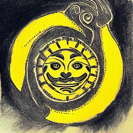 tattoo sketch on yellow paperp, polynesian style, sun hugging the cat, maori, ornament
