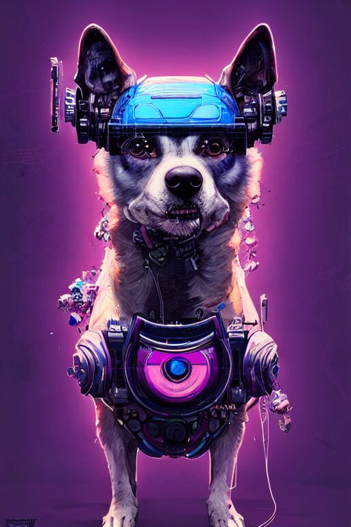 a beautiful portrait of a cute cyberpunk dog by sandra chevrier and greg rutkowski and wlop, purple blue color scheme, high key lighting, volumetric light, digital art, highly detailed, fine detail, intricate, ornate, complex, octane render, unreal engine, photorealistic 