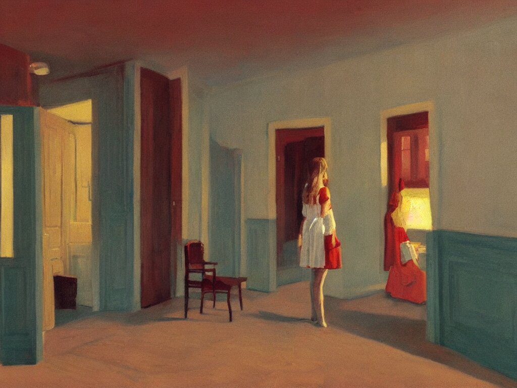 lone girl waiting inside a room, 7 0 s, stanley kubrick the shinning, american gothic, vibrant colors americana, cinematic, volumetric lighting, ultra wide angle view, realistic, detailed painting in the style of edward hopper and rene magritte 