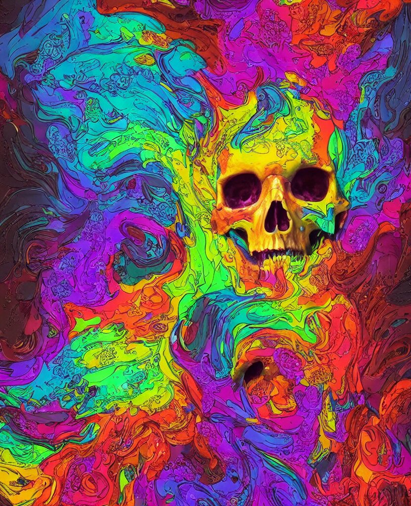 illustration of a colorfull melting human skull. flowers and blossoms, ferrofluids, burning water distortions. intricate abstract. intricate artwork. by tooth wu, wlop, beeple, dan mumford. octane render, trending on artstation, greg rutkowski very coherent symmetrical artwork. cinematic, hyper realism, high detail, octane render, 8 k, depth of field, bokeh. iridescent accents 