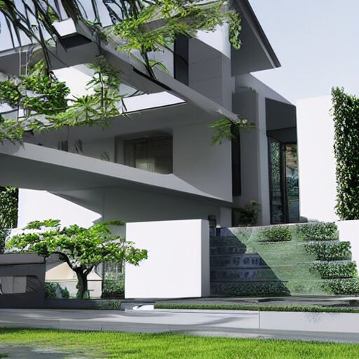 an architectural drawing of a modern house with a courtyard, detailed, lush, 