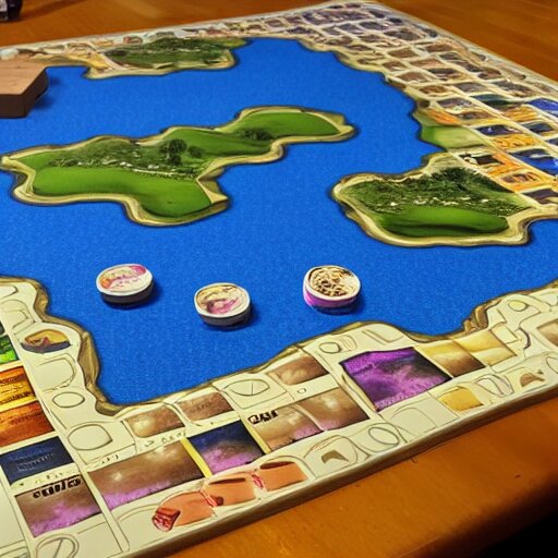 board for a board game including two large islands, two medium sized islands, and one small island 