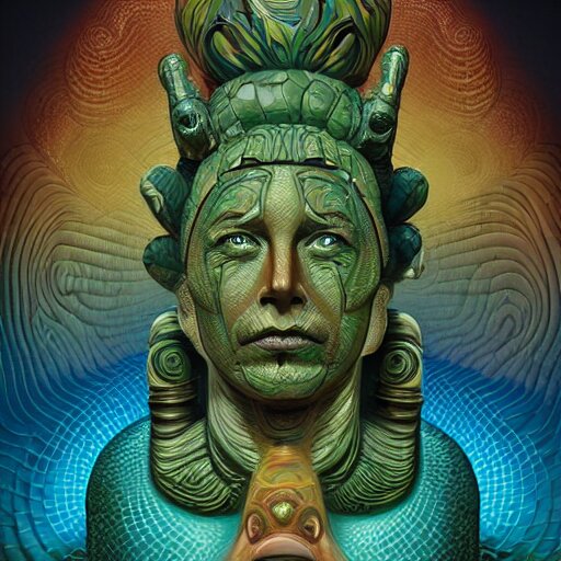 a surreal portrait statue of elon musk as a psychedelic tiki reptile stone god figure by naoto hattori, android jones, and chris dyer, deep bold colors, galactic dmt entity, depth of field, intricate beautiful painting, billions of details, octane render, portal, 8 k, detailed vector, trending on artstation, cgisociety 