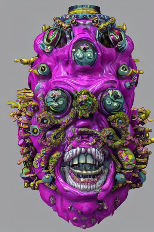 hyper-maximalist lowbrow style overdetailed 3d sculpture of a monster by clogtwo and ben ridgway inspired by beastwreckstuff chris dyer and jimbo phillips. Cosmic horror infused retrofuturist style. Hyperdetailed high resolution. Render by binx.ly in discodiffusion. Dreamlike surreal polished render by machine.delusions. Sharp focus. 