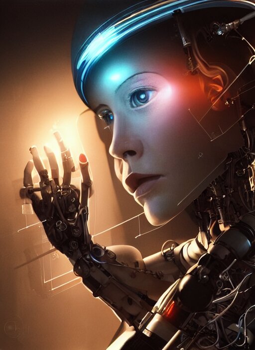 Ultra realistic full shot of a cyborg woman in a glass cylinder with electrical cables cables and mechanical arms that fix it., cyberpunk,sci-fi, fantasy,Kodak , soft light, volumetric lighting, ,night, fog ,smoke, intricate, elegant, highly detailed, digital painting, artstation, concept art, smooth, sharp focus, illustration,art by artgerm and greg rutkowski and alphonse mucha