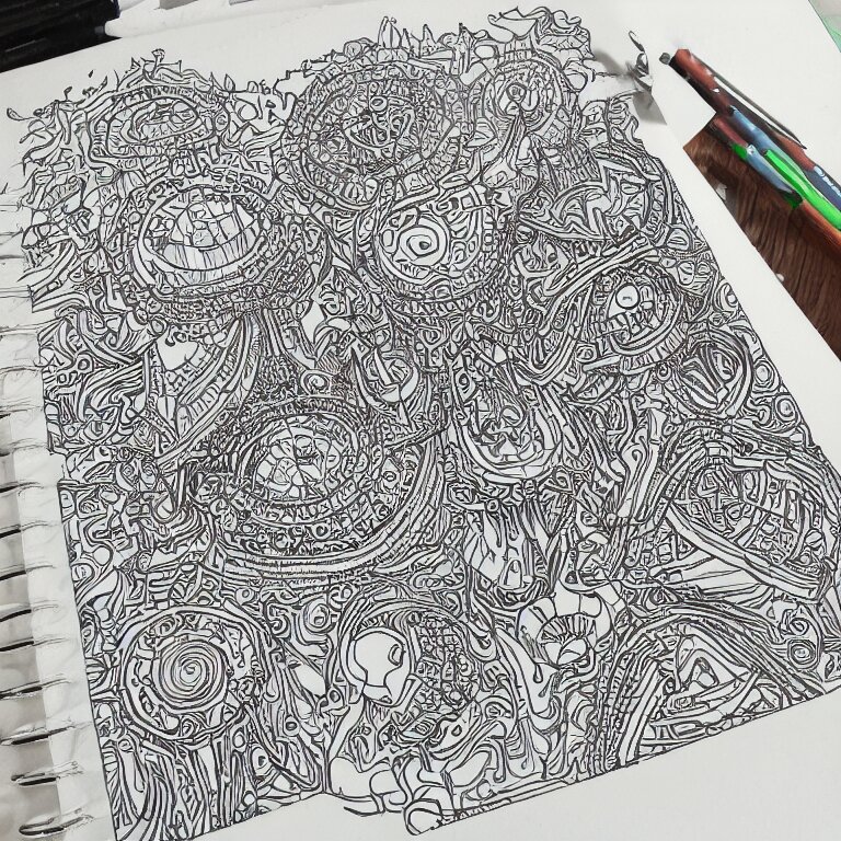 notebook doodle architecture sketch with extremely intricate psychedelic dmt mushrooms lsd patterns hyper detailed linework pen and paper 