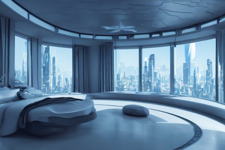 a futuristic luxury white bedroom with curved ceiling high windows looking out to a far future cyberpunk cityscape with many flying cars, night time, neon lights, cinematic 3d render, unreal engine 5, cgsociety